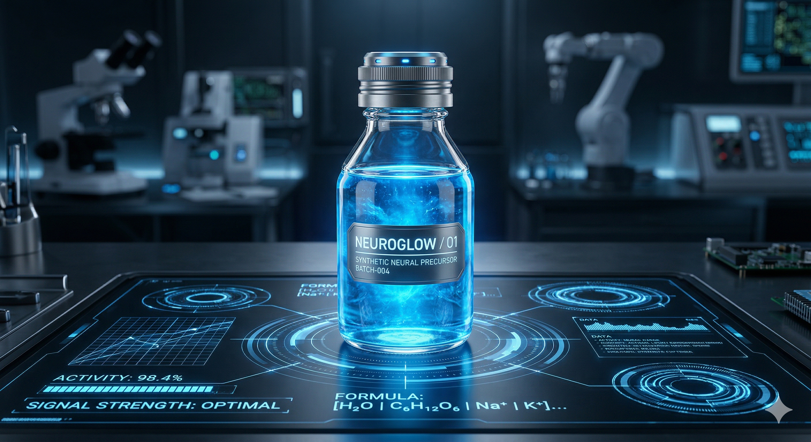 High-tech laboratory glass bottle containing glowing blue enzyme solution on a digital interface